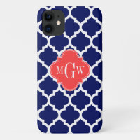 Navy Wht Moroccan #5 Coral Red 3 Initial Monogram
