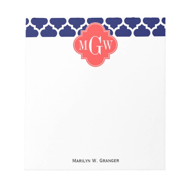 Navy Wht Moroccan #5 Coral Red 3 Initial Monogram Notepad (Front)