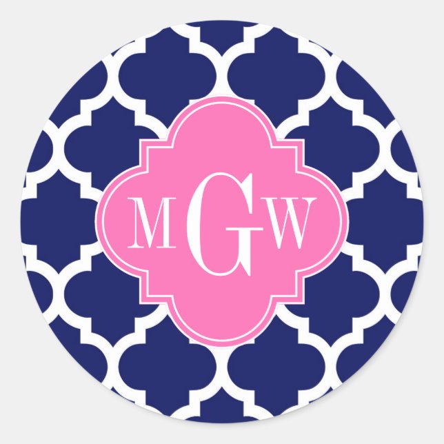 Navy Wht Moroccan #5 Hot Pink2 3 Initial Monogram Classic Round Sticker (Front)