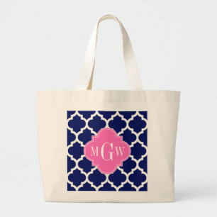 Navy Wht Moroccan #5 Hot Pink2 3 Initial Monogram Large Tote Bag