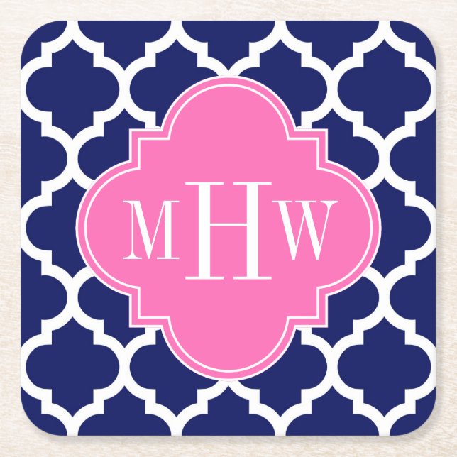 Navy Wht Moroccan #5 Hot Pink2 3 Initial Monogram Square Paper Coaster (Front)
