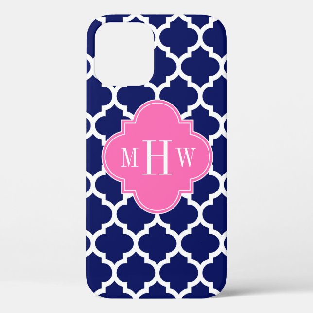Navy Wht Moroccan #5 Hot Pink 3 Initial Monogram Case-Mate iPhone Case (Back)