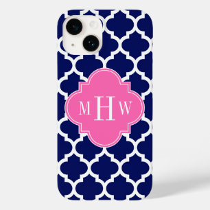 Navy Wht Moroccan #5 Hot Pink 3 Initial Monogram Case-Mate iPhone 14 Case