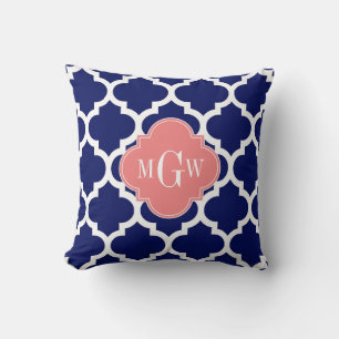 Navy Wht Moroccan #5 Lt Coral 3 Initial Monogram Cushion