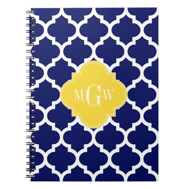 Navy Wht Moroccan #5 Pineapple 3 Initial Monogram Notebook (Front)