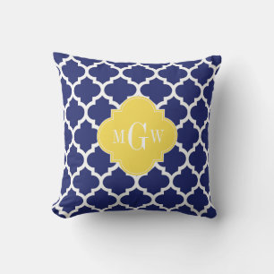Navy Wht Moroccan #5 Pineapple 3 Initial Monogram Outdoor Cushion