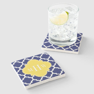 Navy Wht Moroccan #5 Pineapple 3 Initial Monogram Stone Coaster