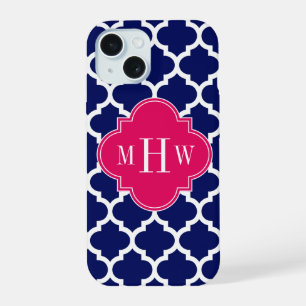 Navy Wht Moroccan #5 Raspberry 3 Initial Monogram iPhone 15 Case