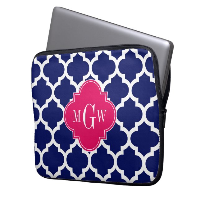 Navy Wht Moroccan #5 Raspberry 3 Initial Monogram Laptop Sleeve (Front Left)