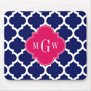 Navy Wht Moroccan #5 Raspberry 3 Initial Monogram Mouse Pad