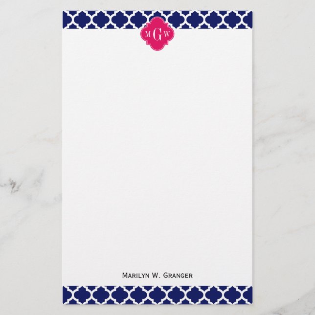 Navy Wht Moroccan #5 Raspberry 3 Initial Monogram Stationery (Front)