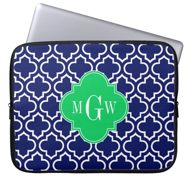 Navy Wht Moroccan #6 Emerald 3 Initial Monogram Laptop Sleeve (Front)