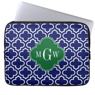 Navy Wht Moroccan #6 Forest Grn 3 Initial Monogram Laptop Sleeve