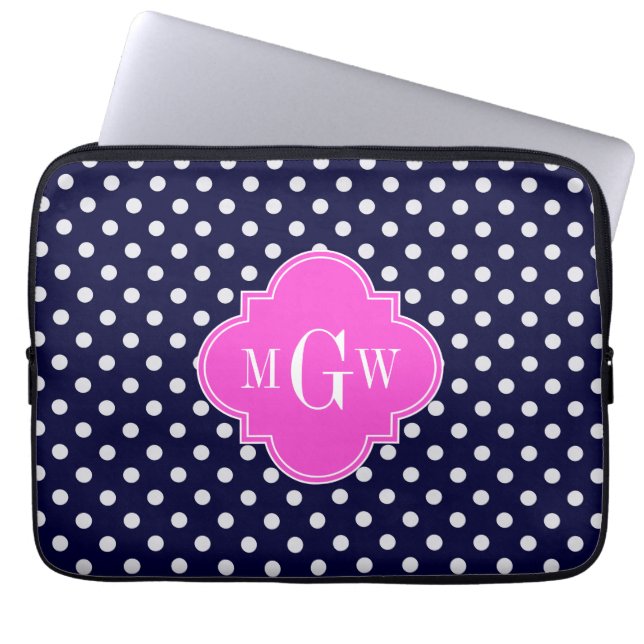 Navy Wht Polka Dot Hot Pink Quatrefoil 3 Monogram Laptop Sleeve (Front)