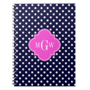 Navy Wht Polka Dot Hot Pink Quatrefoil 3 Monogram Spiral Notebook