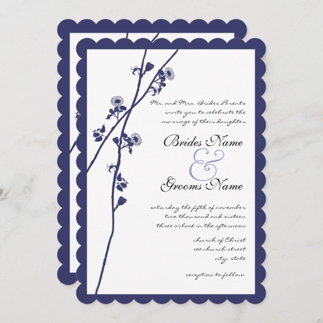 Navy Wild Flower Branches Wedding Invitation (Front/Back)