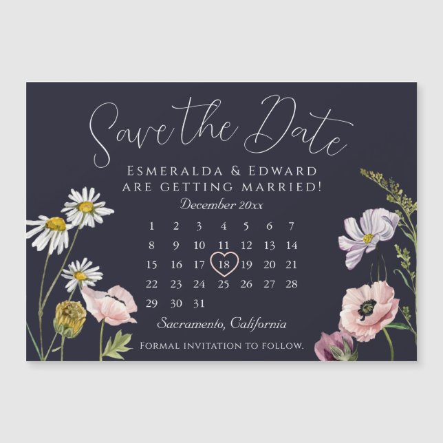 Navy Wild Flower Wedding Calendar Save The Date (Front)