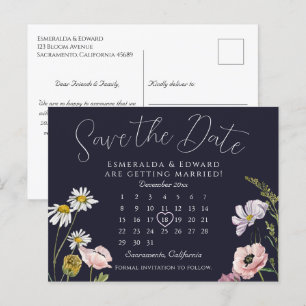 Navy Wild Flower Wedding Calendar Save The Date Announcement Postcard