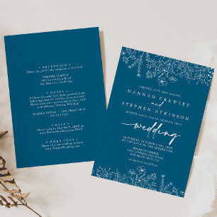 Navy Wildflower Front & Back Wedding  Invitation