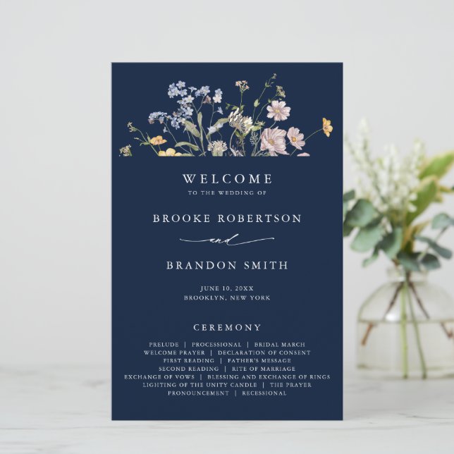 Navy Wildflower Meadow Garden Boho Wedding Program (Standing Front)