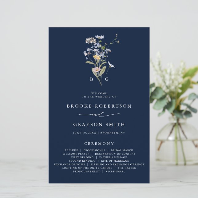 Navy Wildflower Meadow Garden Wedding Program (Standing Front)