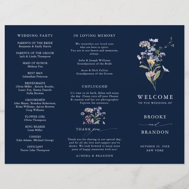 Navy Wildflower Meadow Garden Wedding Program (Front)