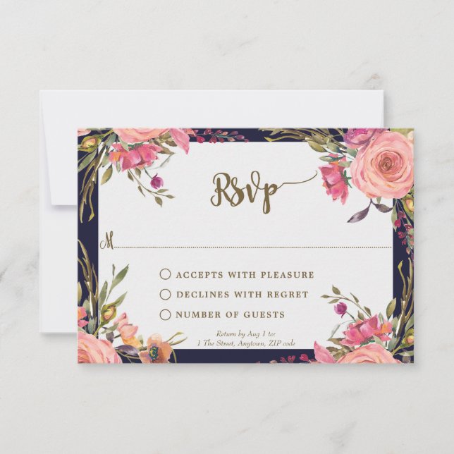 navy wildflower wedding bridal shower rsvp card (Front)