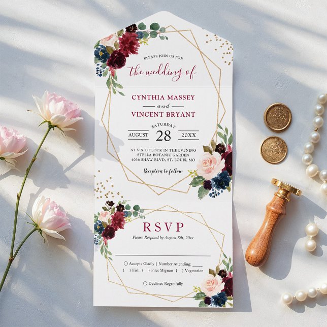 Navy Wine Red Floral Geo Wedding (no ENV needed) All In One Invitation (Creator Uploaded)