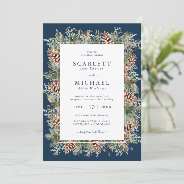 Navy Winter Greenery Holiday Wedding Invitation (Standing Front)