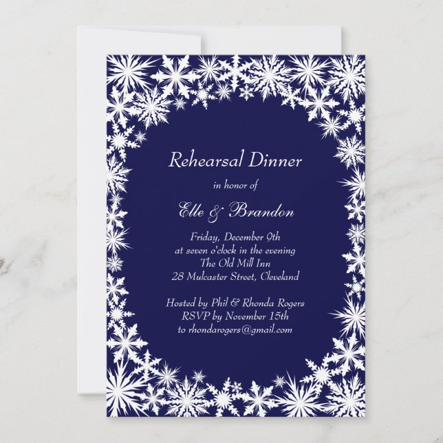 Navy Winter Lace Rehearsal Dinner Invitation (Front)
