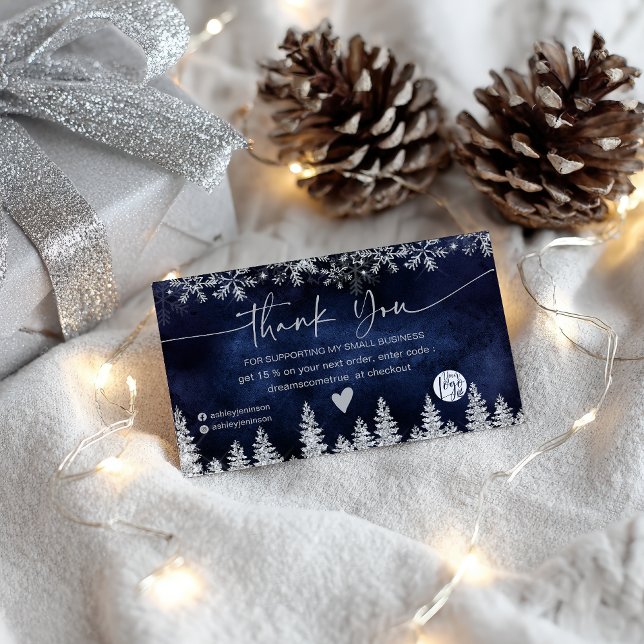 Navy Winter Snowflake Christmas Order Thank You Business Card (Navy Winter Snowflake Christmas Order Thank You Business Card)