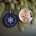 Navy Winter Snowflake First Christmas Keepsake Ceramic Tree Decoration<br><div class="desc">Ceramic holiday ornament personalised with your baby's photo and custom "My First Christmas" text. This simple modern holiday design features a white snowflake on a navy blue background. Use the design tools to choose any background colour, edit text fonts and colours and add your own photos to create your own...</div>