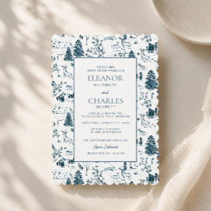 Navy Winter Toile Scalloped Wedding Invitation