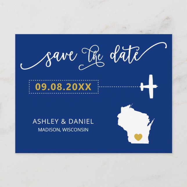 Navy Wisconsin Save the Date Map Postcard (Front)