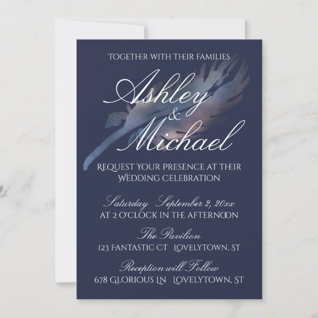 Navy with Digital Watercolor Feather Wedding Invitation (Front)