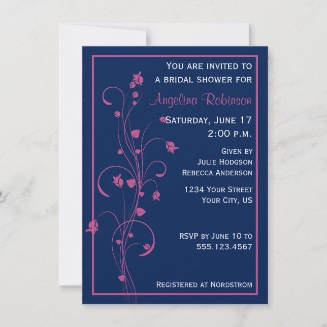 Navy With Pink Floral Design Bridal Shower Invitat Invitation (Front)