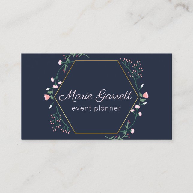 Navy with Pink Flowers Business Card (Front)