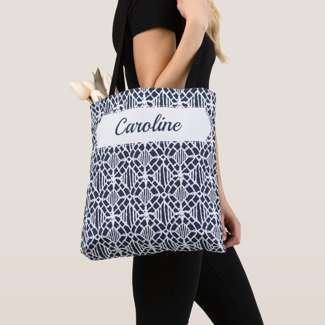 Navy With White Crochet Lace Pattern Tote Bag (Close Up)