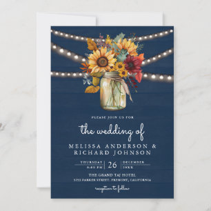 Navy Wood Burgundy Sunflowers Mason Jar Wedding Invitation