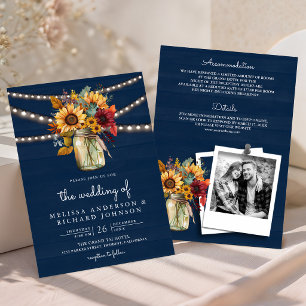Navy Wood Burgundy Sunflowers Mason Jar Wedding Invitation