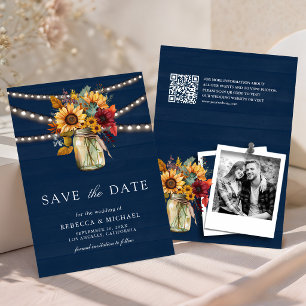 Navy Wood Burgundy Sunflowers Mason Jar Wedding Save The Date