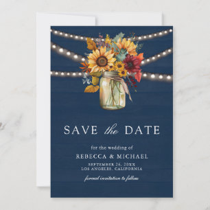 Navy Wood Burgundy Sunflowers Mason Jar Wedding Save The Date