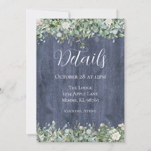 Navy Wood Eucalyptus Wedding Details Card Rustic