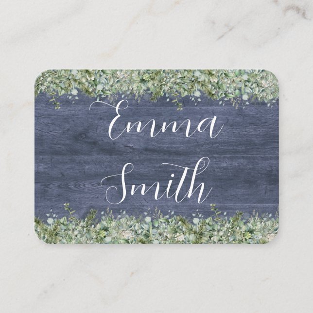 Navy Wood Eucalyptus Wedding Place Cards | Rustic (Front)
