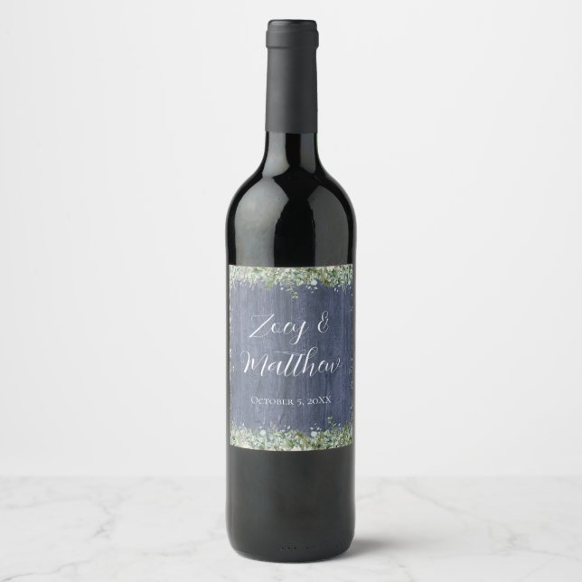 Navy Wood Eucalyptus Wedding Wine Label | Rustic (Front)