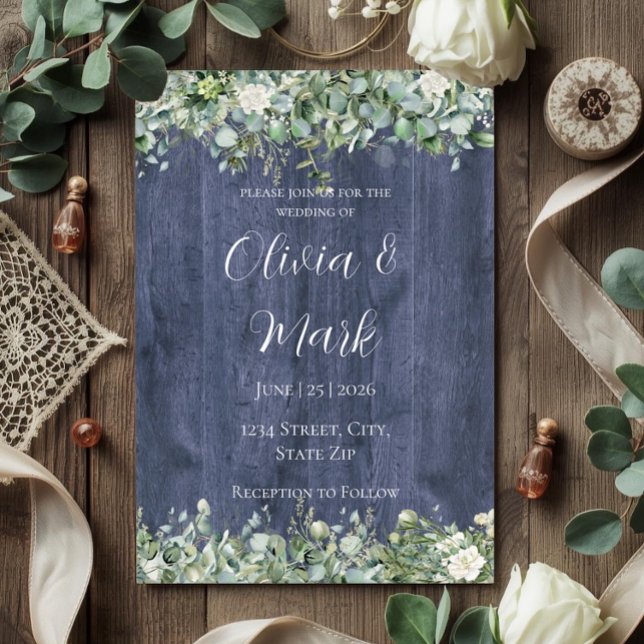 Navy Wood Eucalyptus White Floral Wedding Invitation (Creator Uploaded)