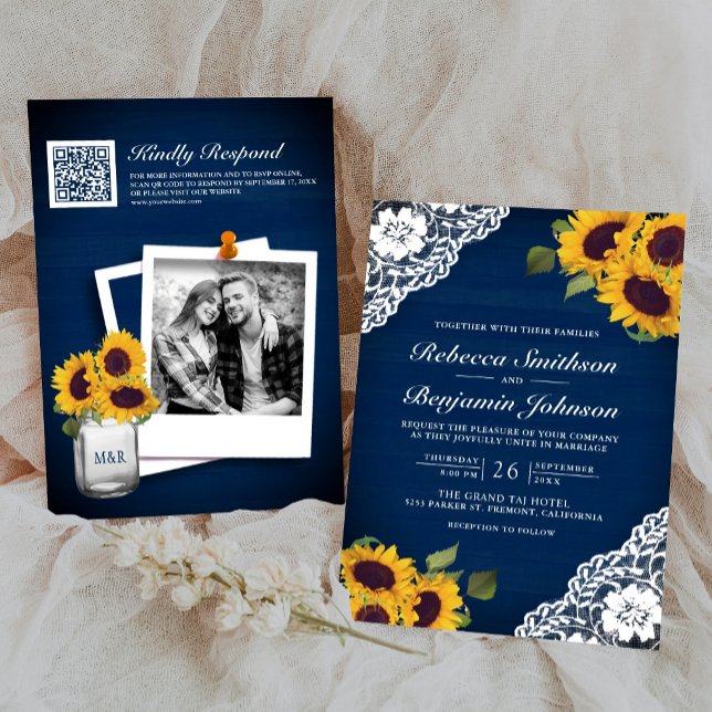 Navy Wood Lace Sunflower Photo QR Code Wedding Invitation (Creator Uploaded)