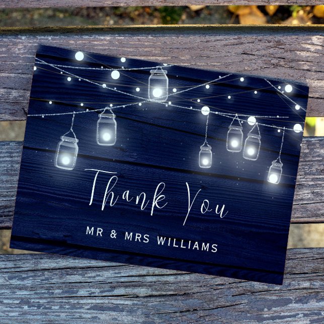 Navy Wood Mason Jars Lights Wedding Thank You Card (Creator Uploaded)