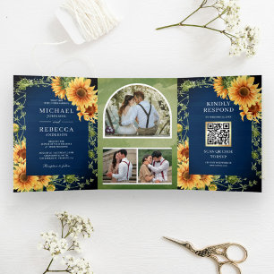 Navy Wood Sunflowers Photo Arch QR Code Wedding Tri-Fold Invitation