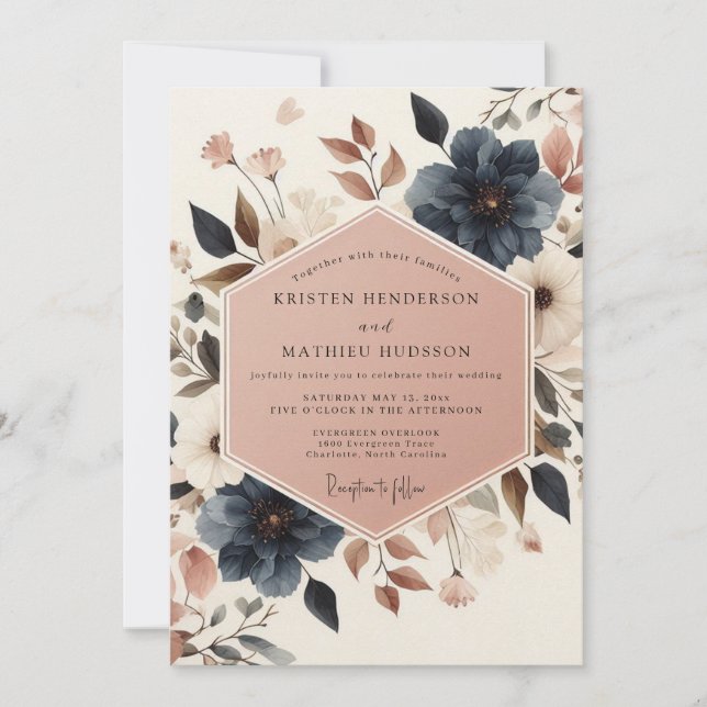 Navy Woodland Bloom Wedding Invitation (Front)